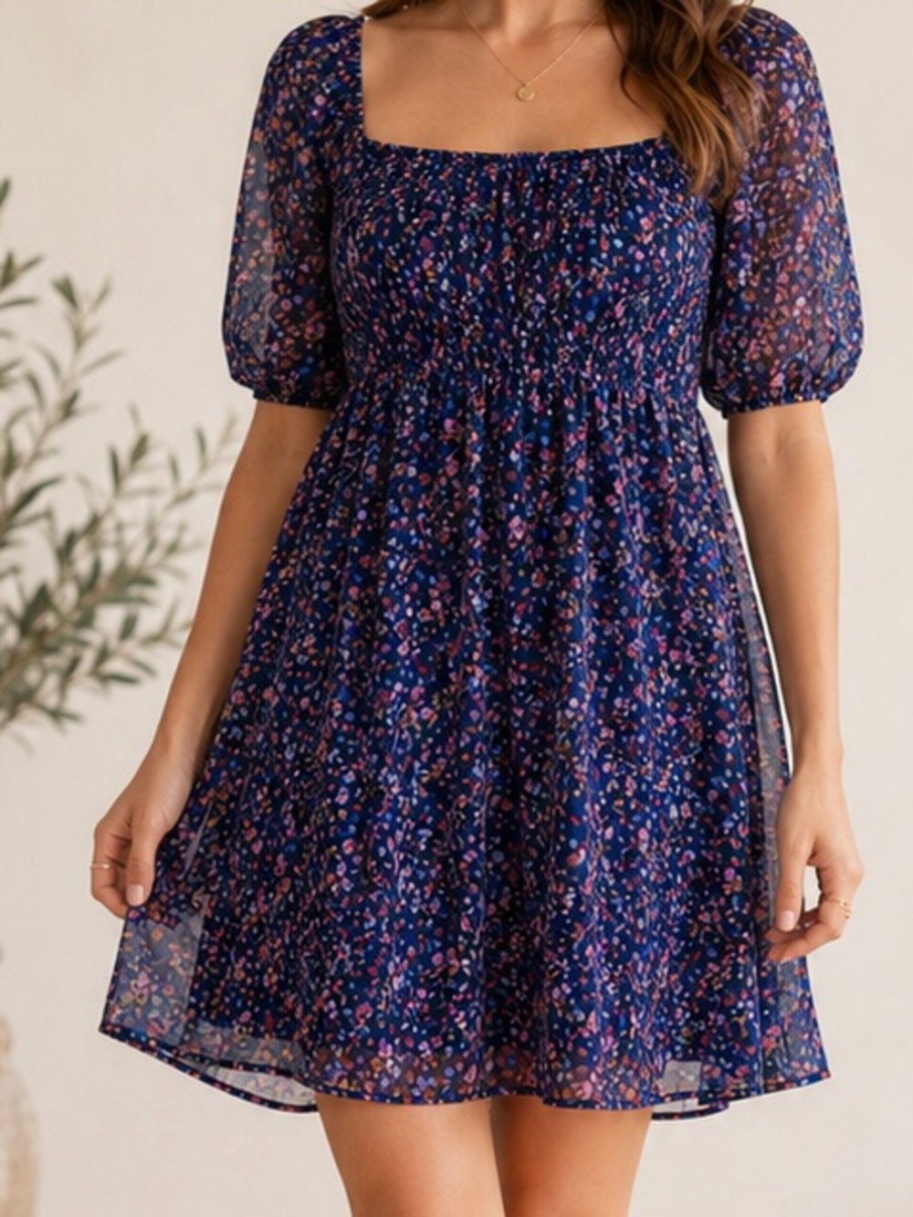 Altar’d State Square Neck Boho Floral Cottagecore Navy Spring Dress Size Medium